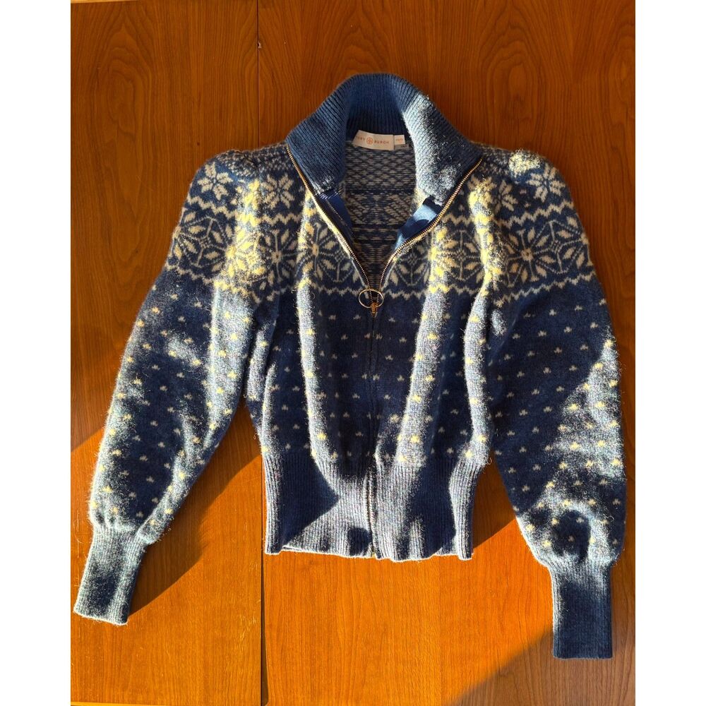 Tory Burch Elyse Fair Isle Snowflake Zip Cardigan XS Blue Ivory Wool Italy